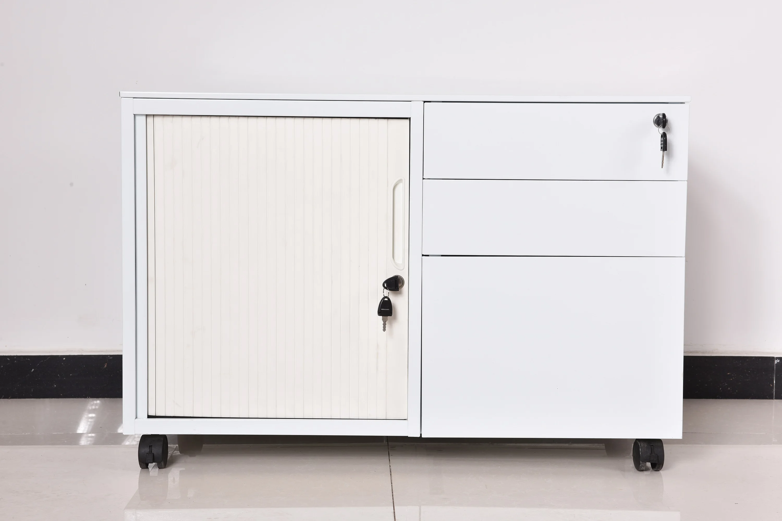 mobile rolling door cabinet with three drawers office multi-use space office cabinet steel office storage