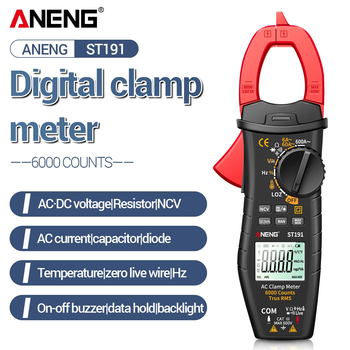 ANENG ST191 Цифровые токовые клещи мультиметр 60A/600A тестер переменного тока 6000 отсчетов True RMS постоянной ёмкости универсальный конденсатор бесконтактная проверка напряжения Ом Гц