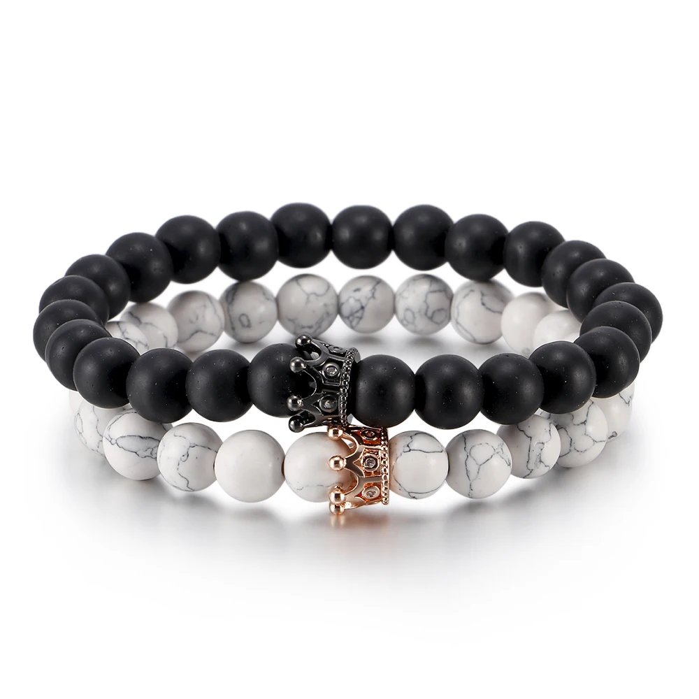 fashion jewelry wholesale  copper crown and natural stone simple couple bracelet leather
