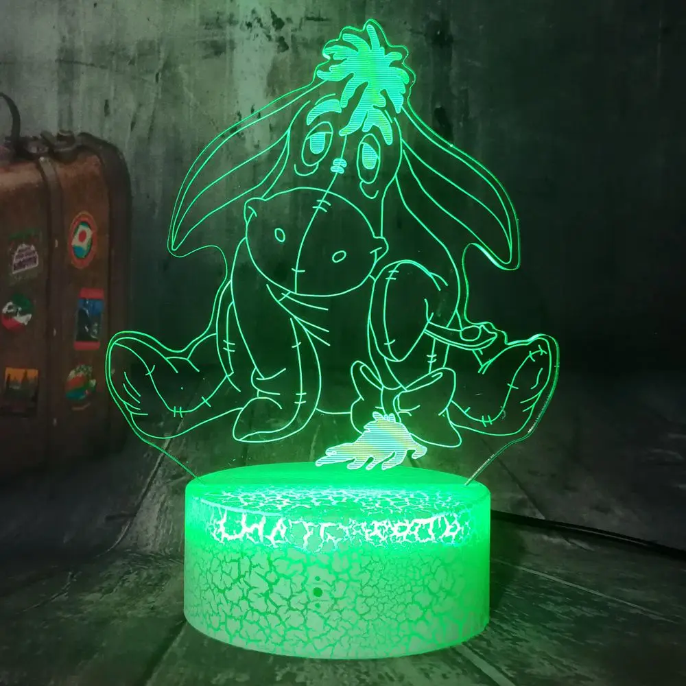 Home Decoration Cartoon Child Gifts Cute Gray Donkey Eeyore Crack Base 7 Colors Change USB Touch Acrylic 3D LED Lamp Night Light