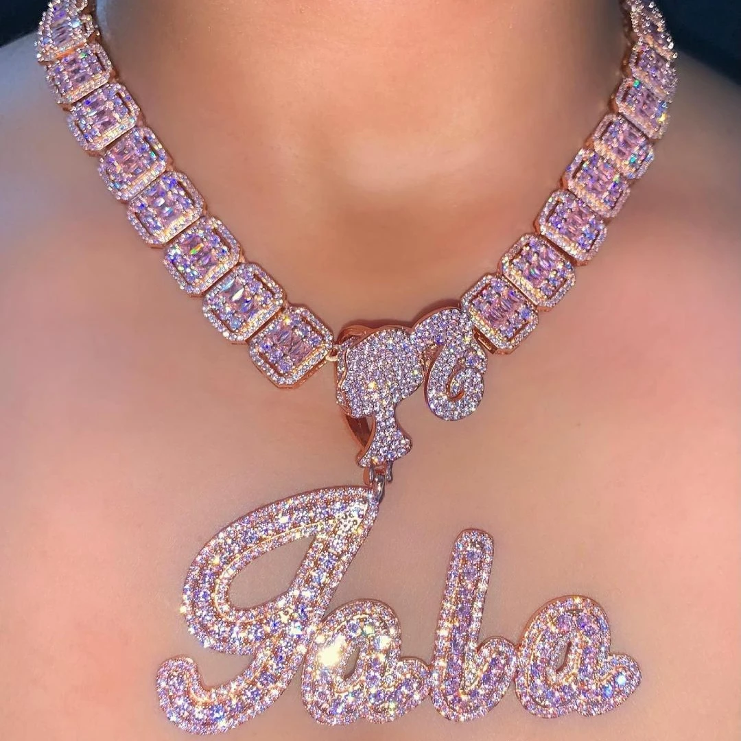 Girl Clasp Custom Brush Script Letter Two Tone Pendant Micro Paved CZ Baguette Chain Necklace Personalized Hiphop Jewelry