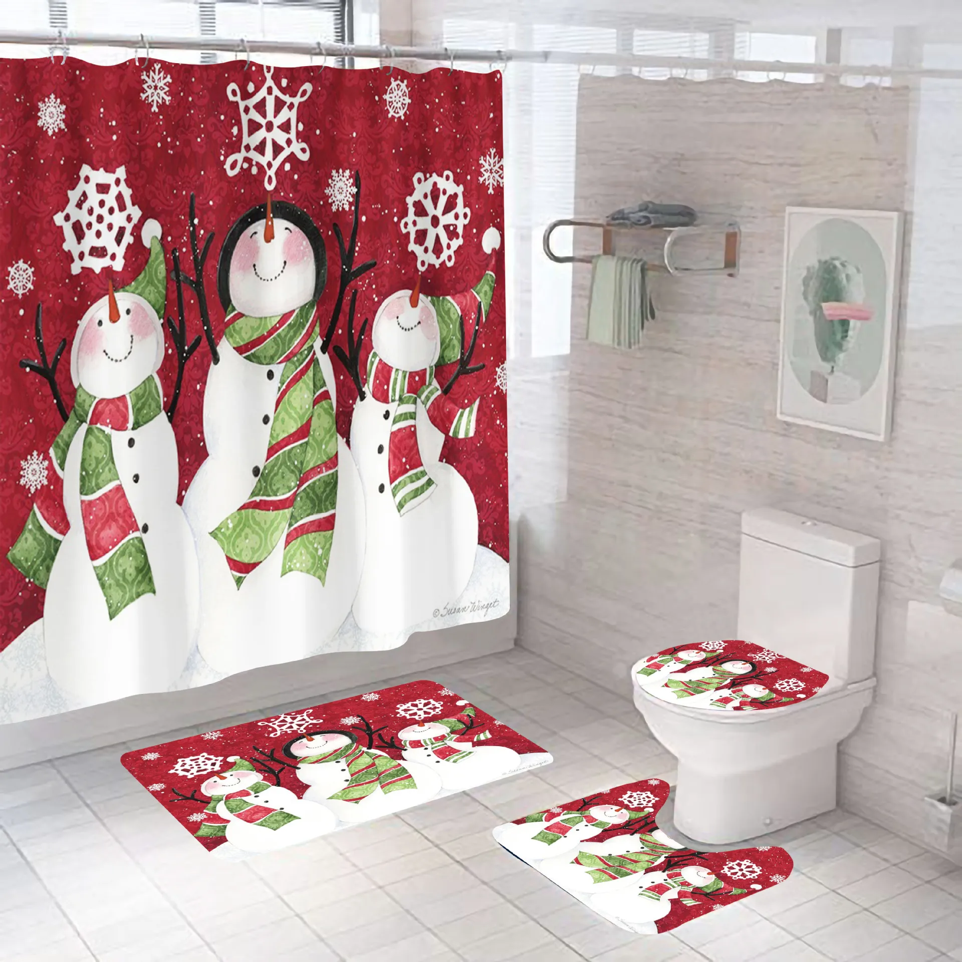 New Design Europe Custom 3D Print 4 pcs Name Brand Designer Flower Christmas Bathroom Shower Curtain Set