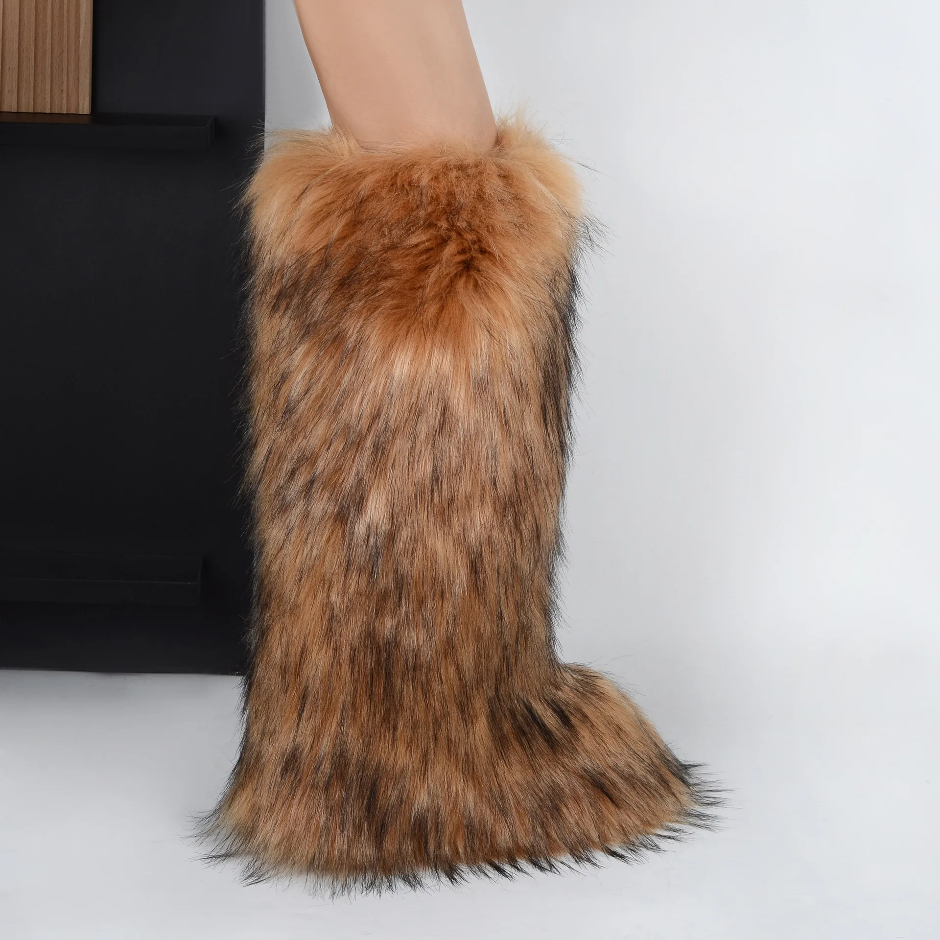 2024 new design luxury ladies winter warm hairy over knee boots faux fur flat casual Mongolian furry snow boots for women
