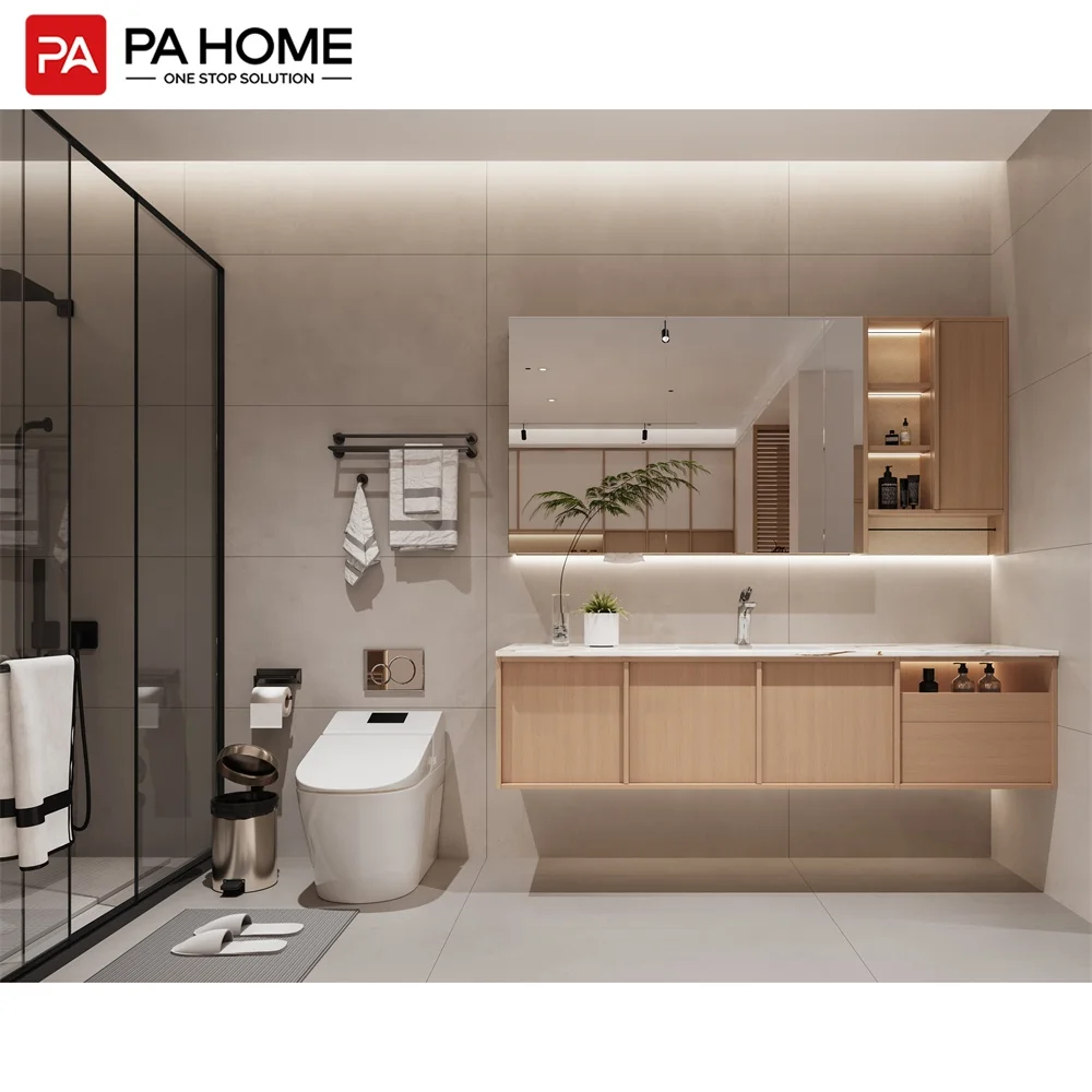 PA floating double sink vanity with mirror lights wash basin for hotel bathroom cabinet