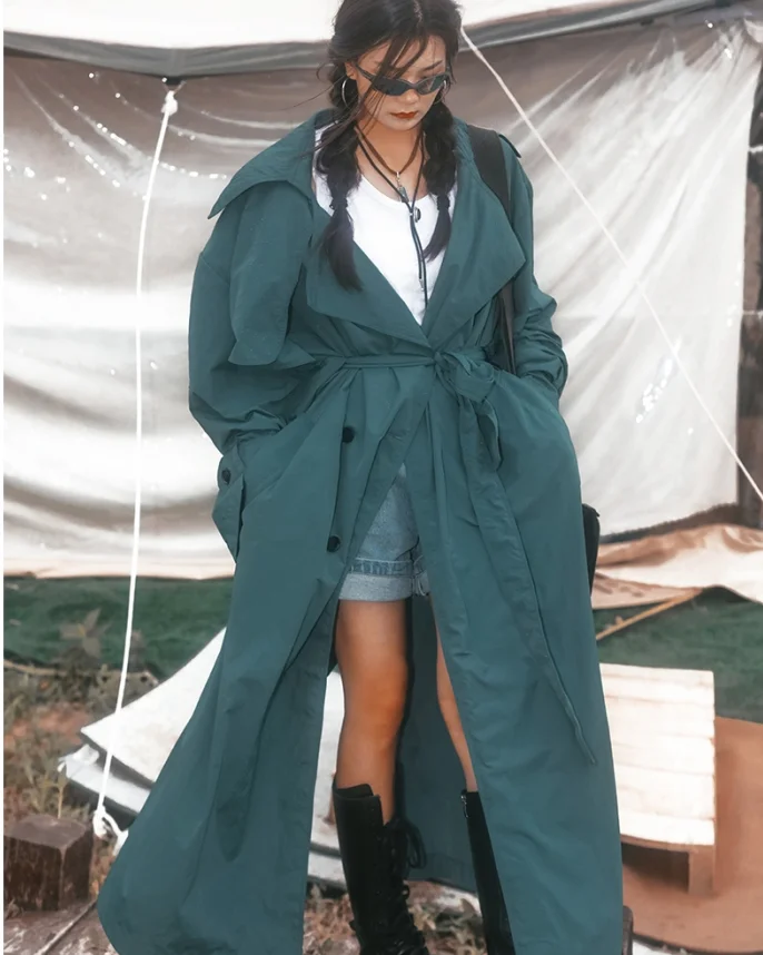 2023 European Top quality office lady long Duster Trench Coat elegant  Full Length Maxi Long Overcoat