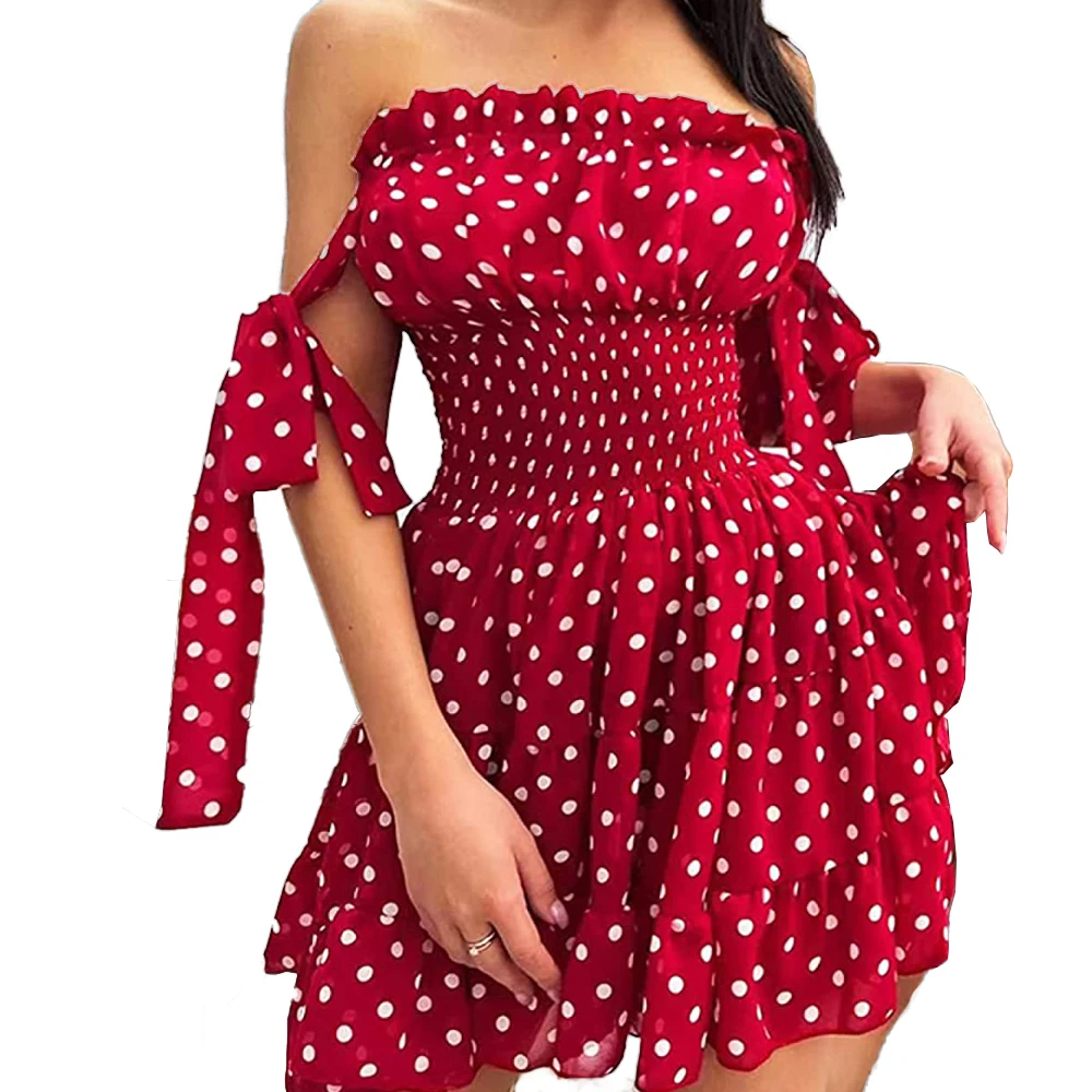 Customized summer polka dot printed chiffon dress Sexy Wrapped Chest Swing Dresses