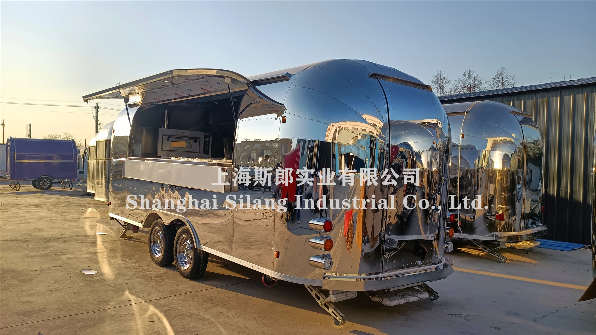 European standard food truck with pizza oven, Mobile kitchen van trailer full of equipment,  camping food trailer