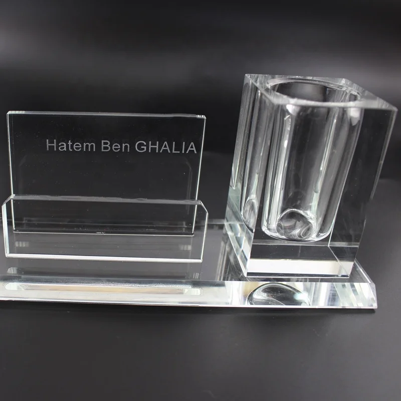 office set promotional three in one crystal penholder and card holder with clock/crystal glass clock business card holder