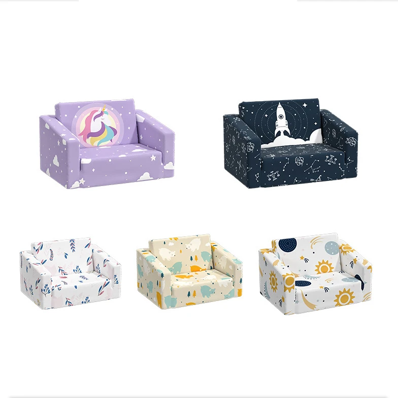 Flip Open Fold Out Lounger Couch Unicorn printed Foldable Toddler Convertible Kids Sofa Chair for Girls and Boys