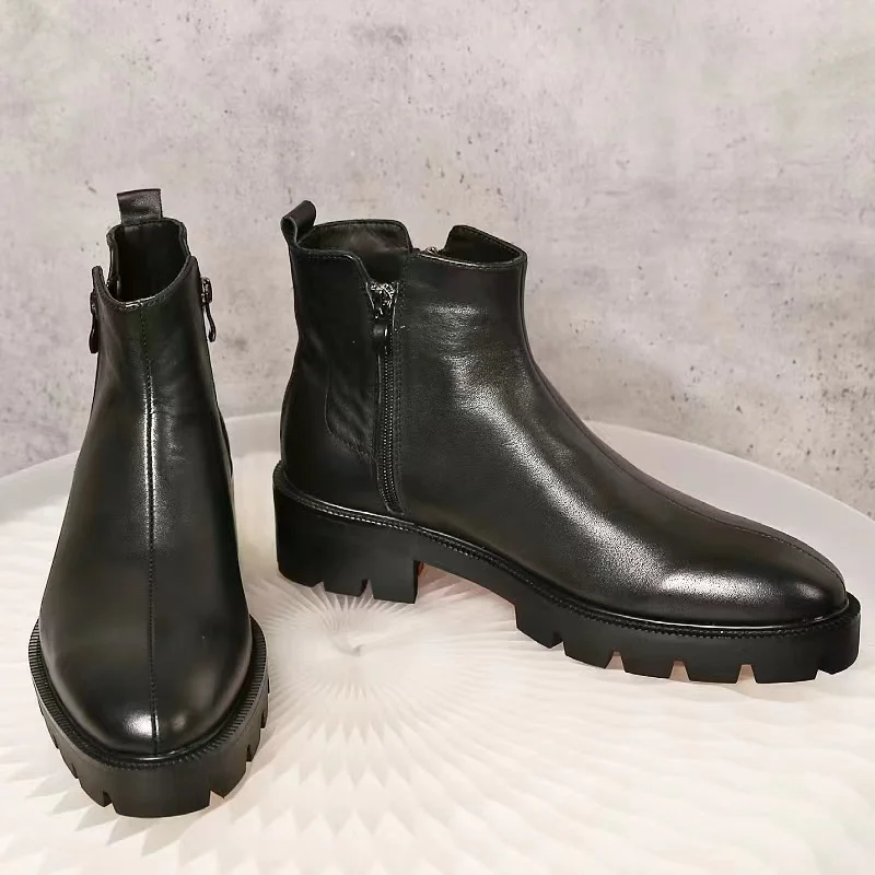 PDEP  hand made luxury black genuine leather men ankle boots with zipper non slip rubber sole red bottom men formal dress shoes