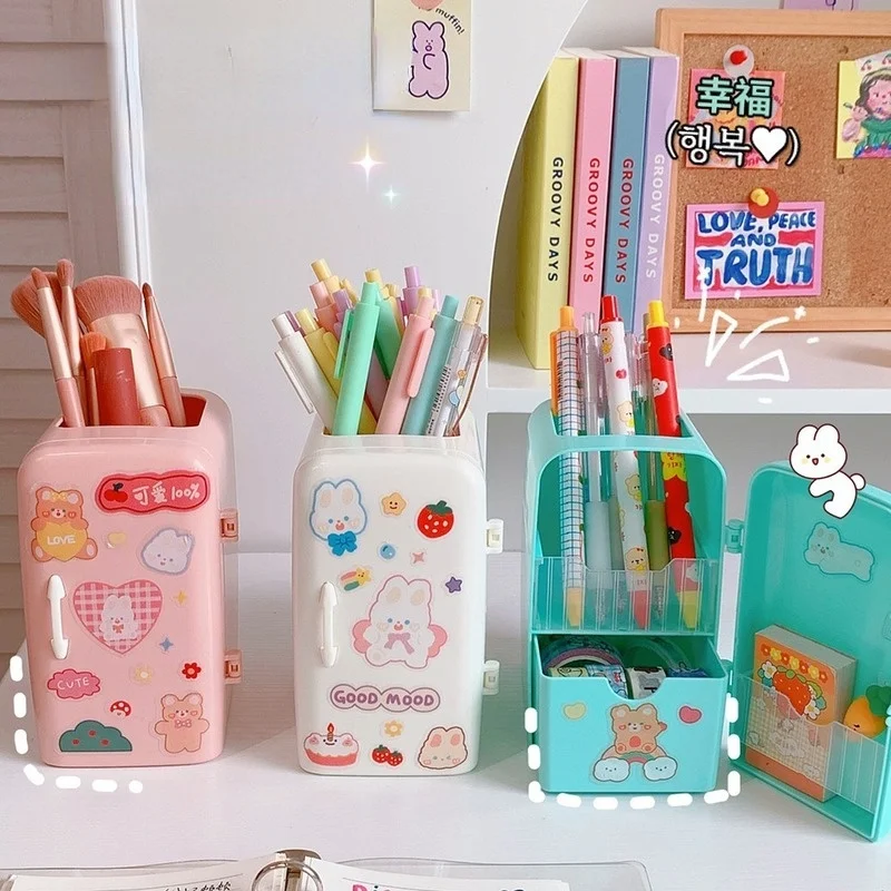 Kawaii Desk Organizer Refrigerator Pen Holder Student Cute Large-capacity Desktop Organizer Creative Storage Tube Pencil Case