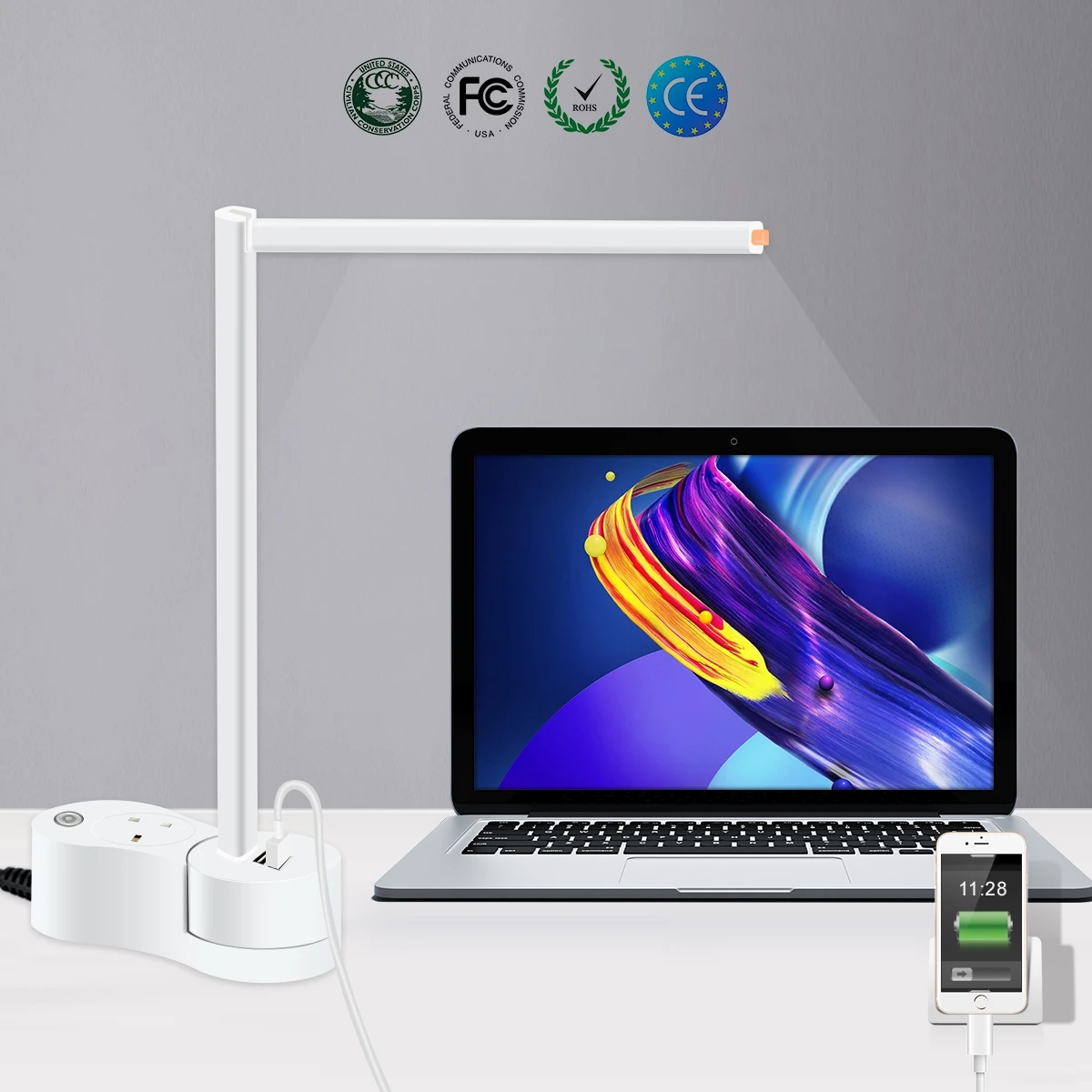 EA-200-S Smart Lamp with wifi & USB Ports and Power Outlet Rotatable 170 Degree Smart LED Light for UK (Blue)