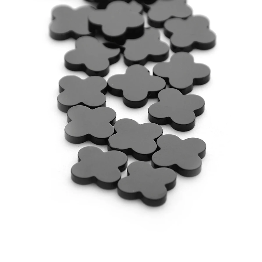 Natural Black Agate Cut Size Shape Wholesale High Quality Four Leaf Clover Double Sided Flat Loose Gemstones Black Agate