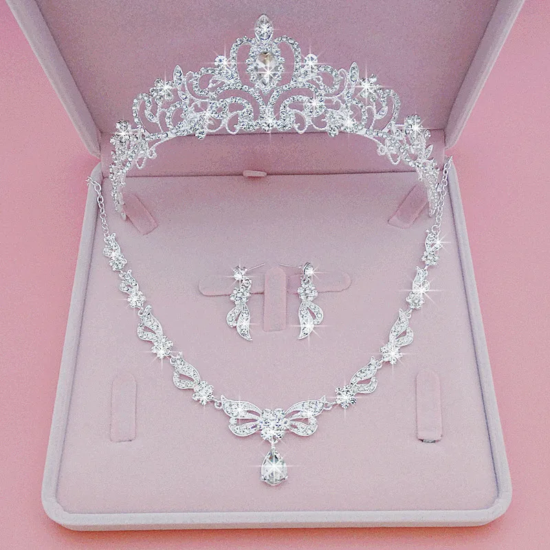 BY4334 Wholesale Bridal Rhinestones Crown necklace earrings set Wedding Crown jewelry set