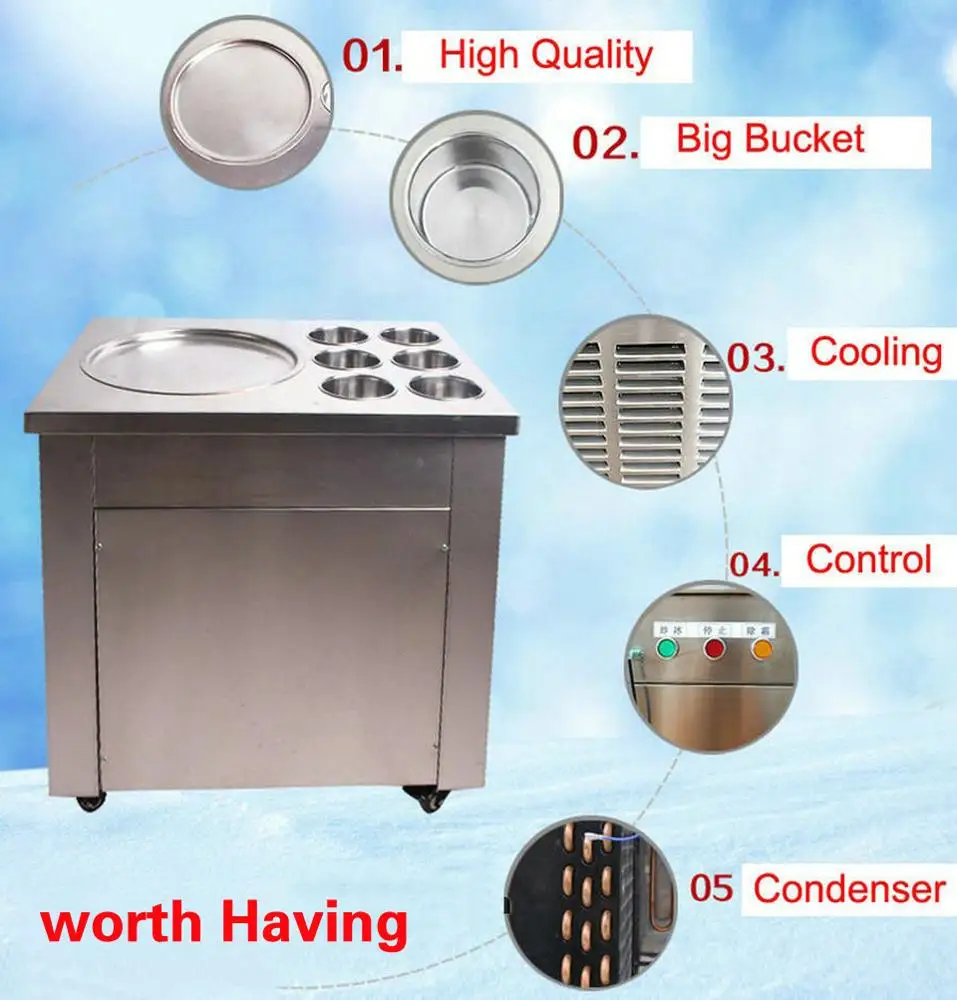 
mini ice cream roll machine with 35cm pan and 6 buckets. 110v or 220v fried ice cream machine 