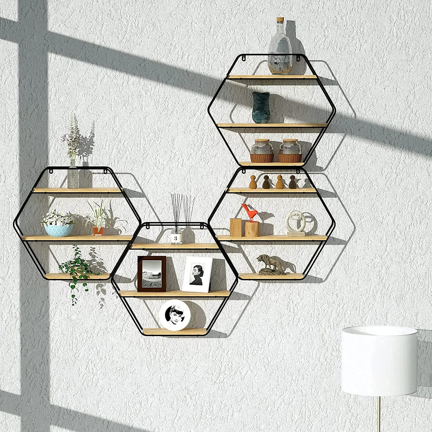 Floating Shelves Wall Mounted Hanging Shelf Hexagon Rustic Farmhouse Shelves for Wall Decor,Storage | Metal Bracket and Reclaime