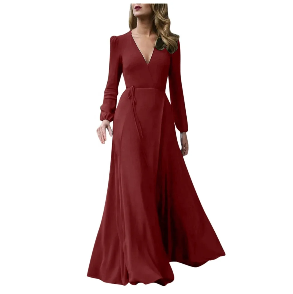 Deep V-neck long sleeves dresses Fall winter Women Dress elegant solid color belt evening dress for women with back zippers fly