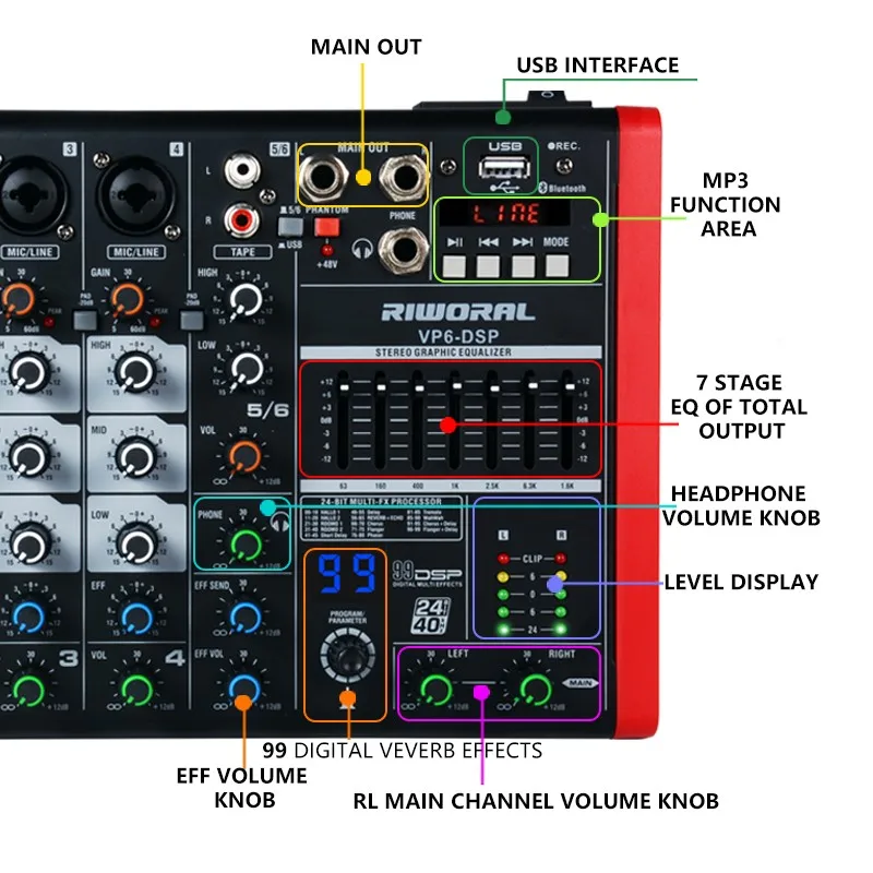 VP6 Professional audio sound mixer multiple effects DSP Blueteath recording studio DJ mixing