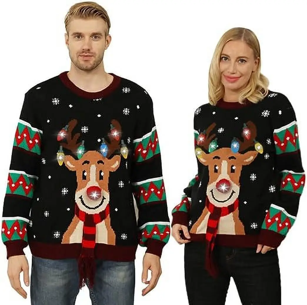 2024 Women LED Light Up Ugly Christmas Sweater Snowflake Reindeer Xmas Sweater Built-in Light Bulbs Knitted Pullover