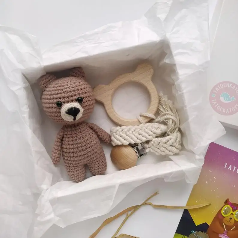 1 комплект) одежда для новорожденных Montessori детские погремушки из медвежьего Прорезыватель зубов погремушка колокольчики развивающие деревянные кольца