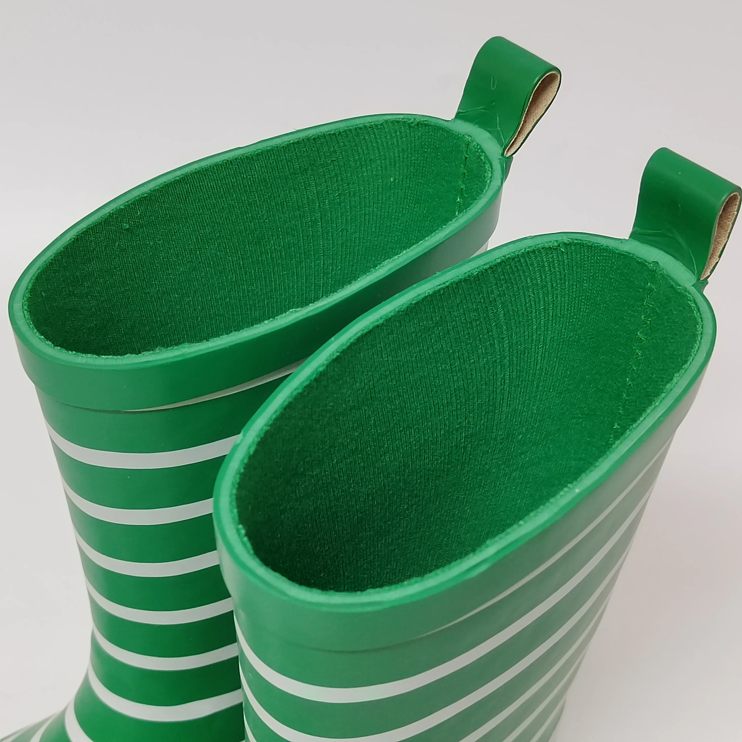white stripe green lining waterproof rubber rain boots for children