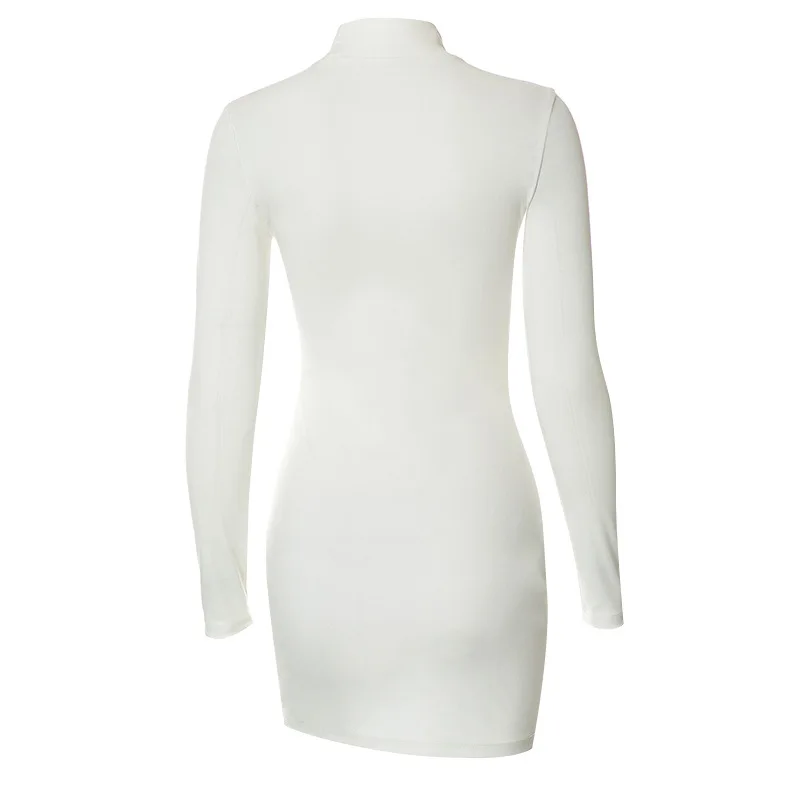 Luluxixiyaya Fashion Slash Asymmetry Sexy Zipper Up Thigh Mini Length Bodycon Turtleneck Night Long Sleeve Dress