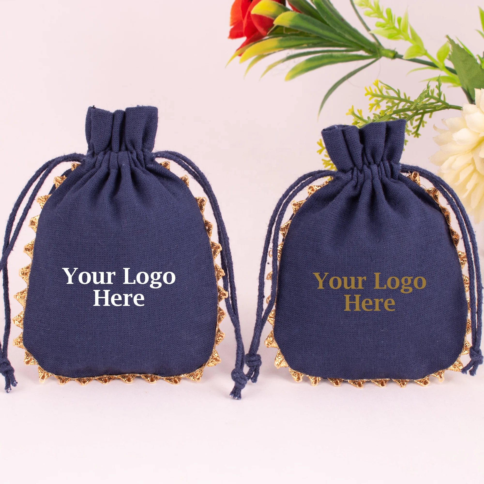 High Quality Navy Blue Handmade Drawstring Jewelry Pouch Indian Customize Logo Cotton Gift Favor Packaging Bag Wholesale