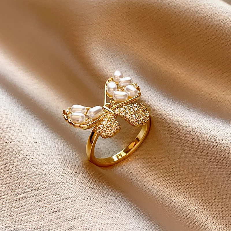 Vintage 18k Gold Zircon Pearl Heart Butterfly Open Finger Ring Women Quartz Tiger Eye Stone Knuckle Ring Jewelry For Gift