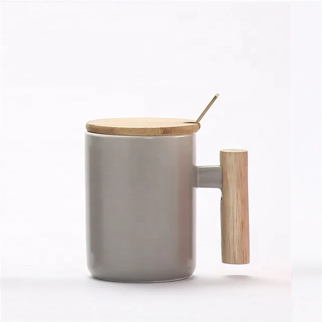 gift box porcelain coffee mug ceramic cup with wooden handle wooden lid and metal spoon capacity 400ml ceramic cup set