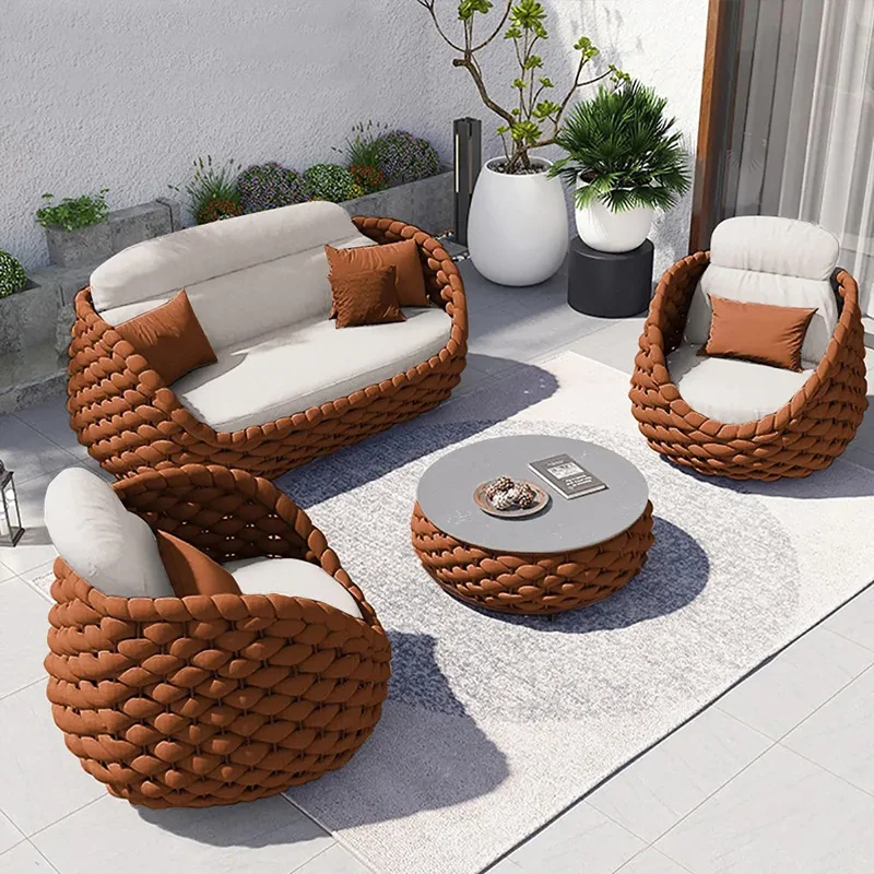 Modern Villa Wicker Rope Garden Set Outdoor Rattan Sofa Outdoor Patio Furniture Metal Garden Sofas Aluminum Garden Furniture