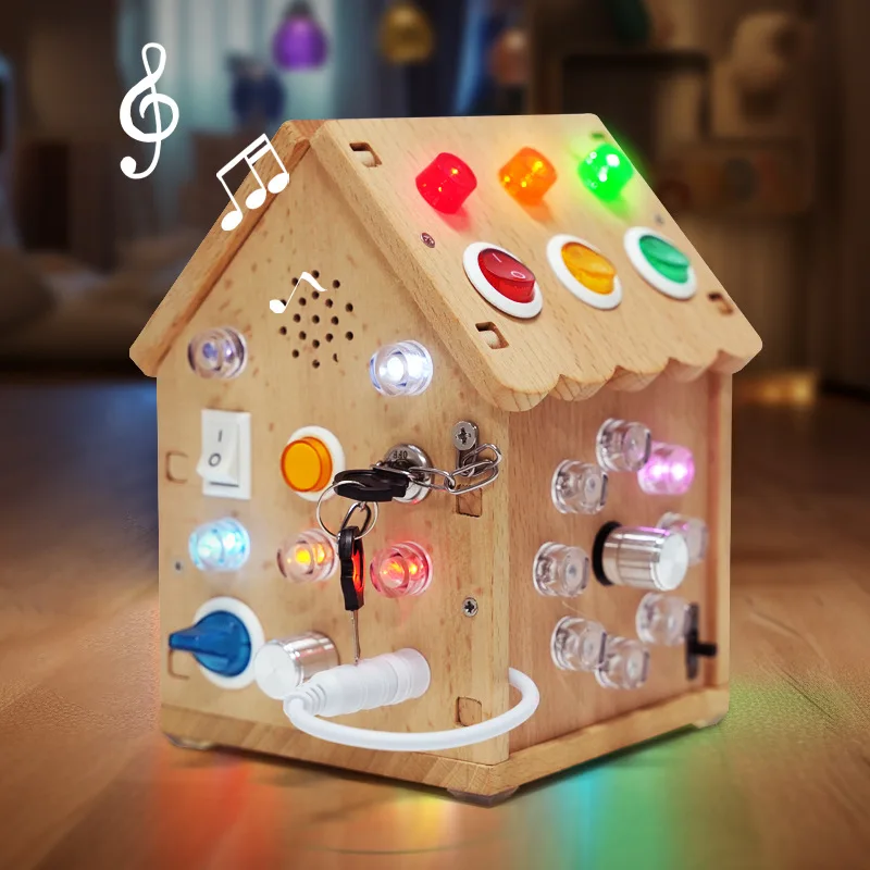 Wooden Montessori Busy Board Sound and Light Busy House Switch Button Cognitive Toys Toddler Sensory Toys