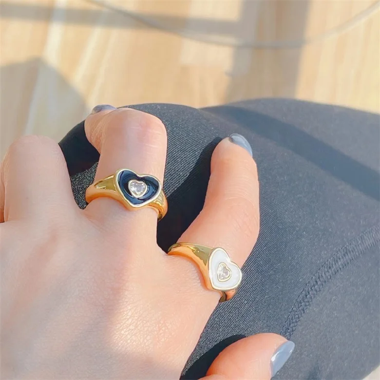 Женское минималистское ювелирное изделие y2k разноцветное кольцо с эмалью и цирконием Позолоченные Открытые Регулируемые кольца на палец