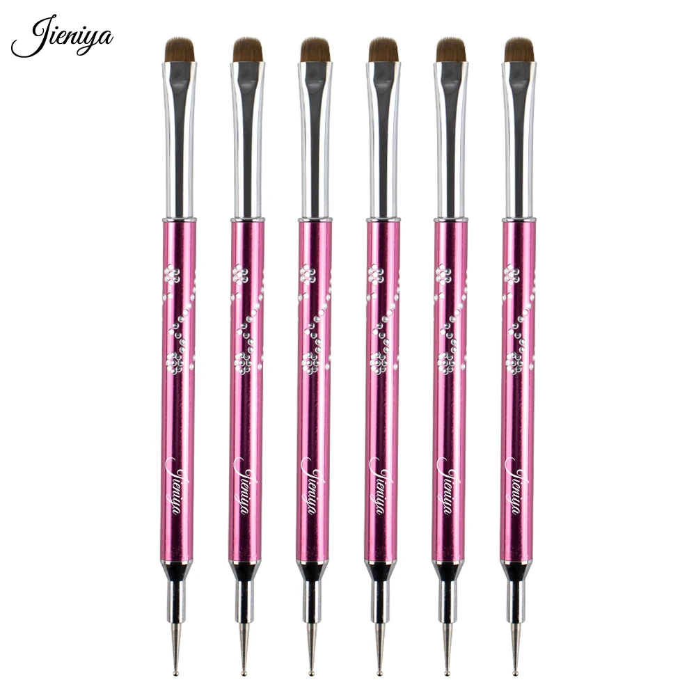 Jieniya hot selling Inlaid rhinestones pattern Metal Handle UV Gel dotting tool French brush double head nail art dual brush