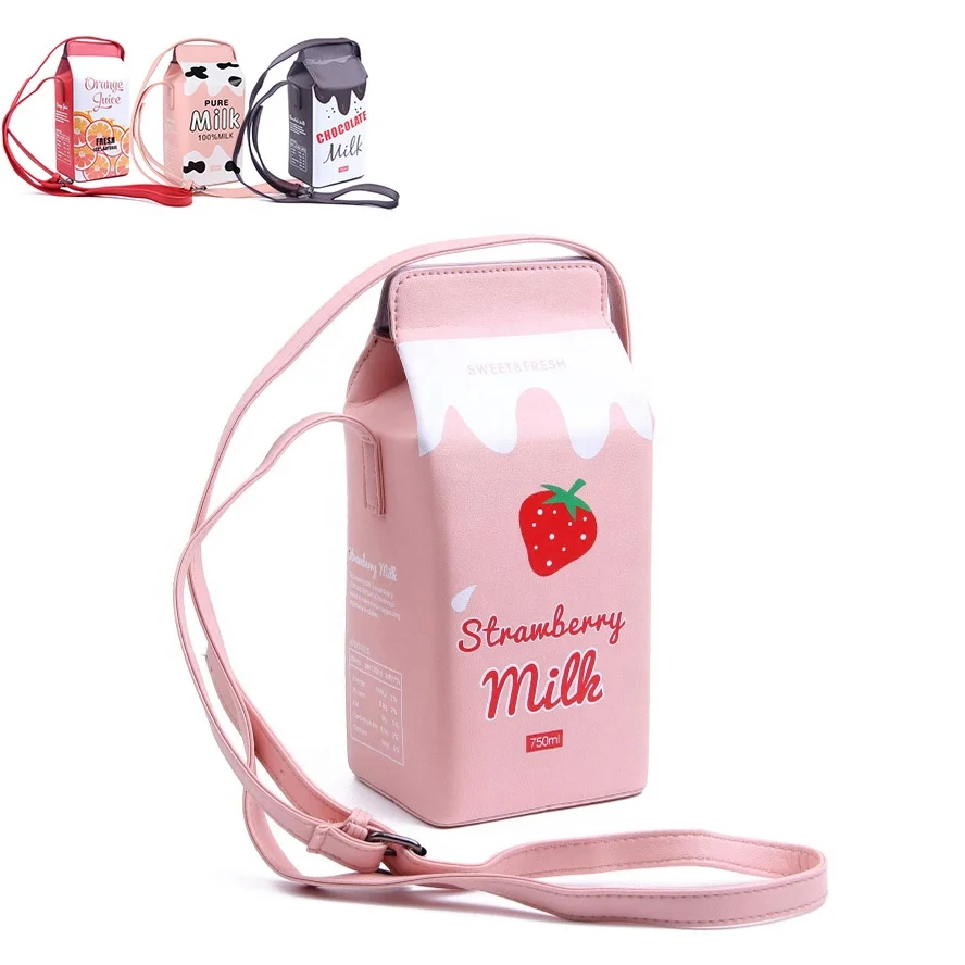 Women Unique Purse Girls Fruits Banana Strawberry Milk Box Cross body mini kids party bags Mobile phone Wallet Purses