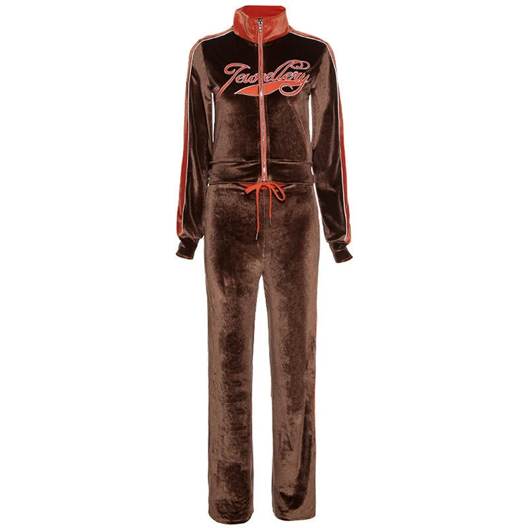 Hot Sale Embroidery Velour Tracksuit Two Piece Set Women Clothing Long Sleeves Zipper Sport Set