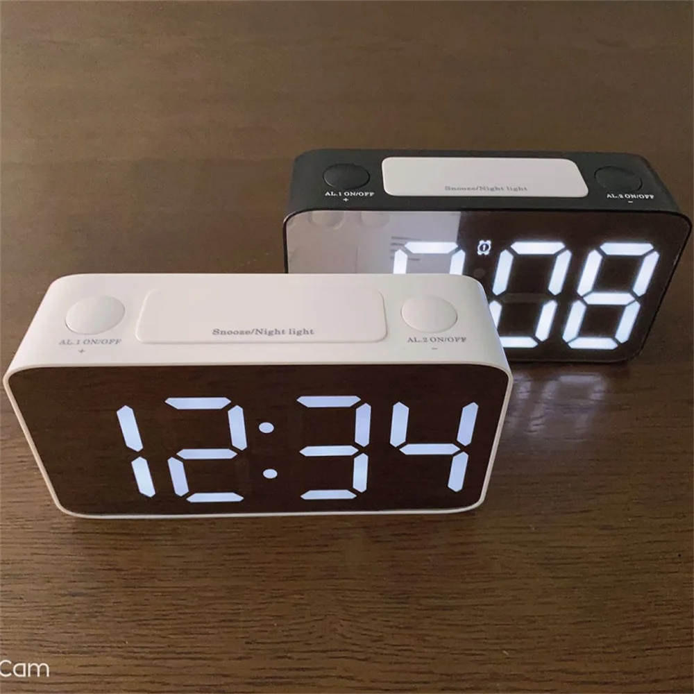 LED Display Digital Alarm Clocks Mirror Surface with Diming Mode for Home Bedroom Decor