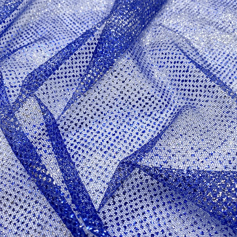 Blue 100% Polyester Net Mesh Fabric With Silver Sequins Powder Super Sparkle Glitter Tulle Fabric For Bridal Dress