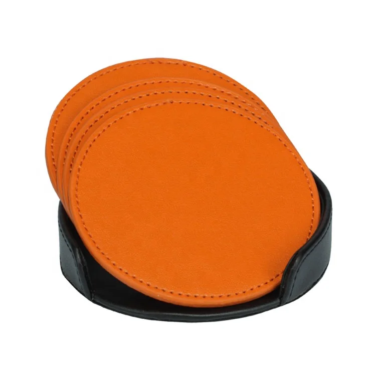 High quality Orange color pu leather table drinking mat coffee cup coaster set with holder tray for hotel