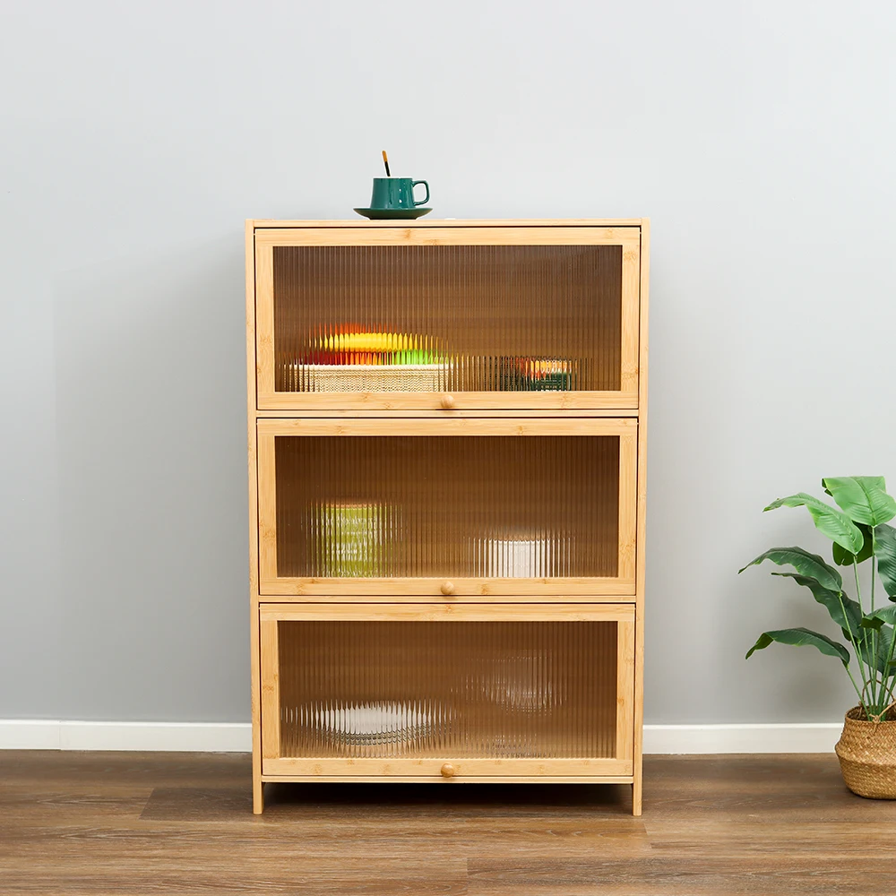 Freestanding Bamboo Display Rack Organizer Cabinet for Kitchen Pantry Tall Storage Buffet With Acrylic Flip 3 Doors Bookcase