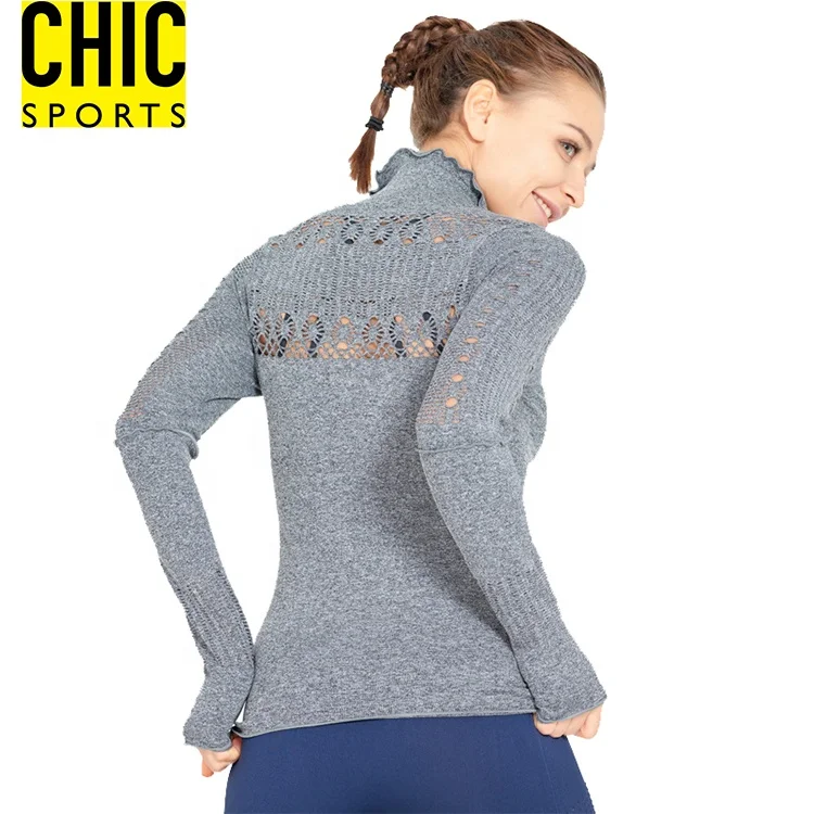 Lady Multi Sizes Long Sleeve Shirt Hollow Pattern Sports 3/4 Zipper Jacket Seamless Stretchy Dry Fit Yoga Pullover Tops
