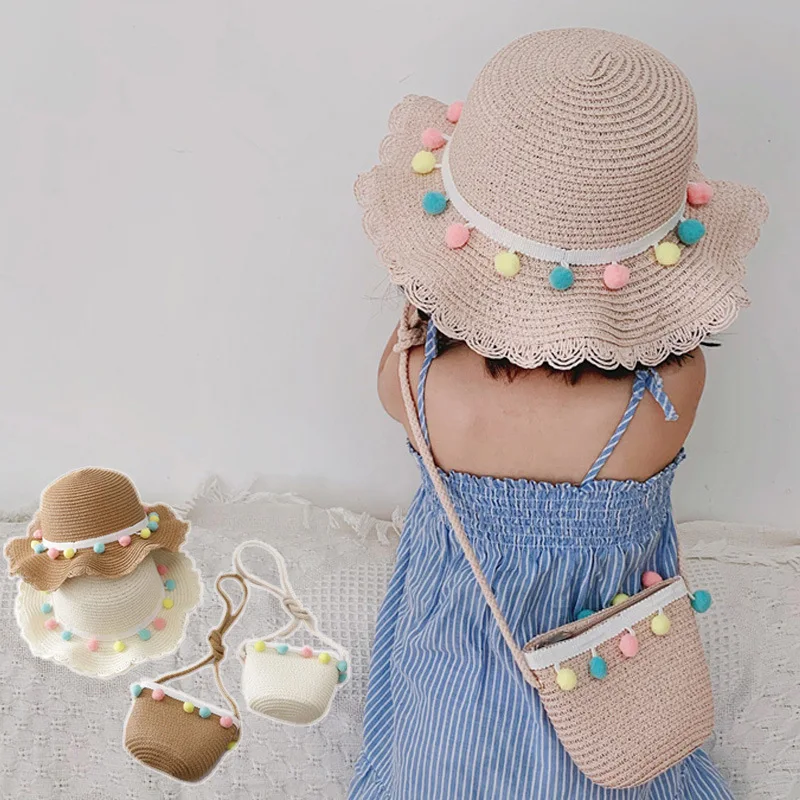 CUSTOM kids baby children toddler sun summer beach girl straw cap hat and bags set with purse bag for kids BABY
