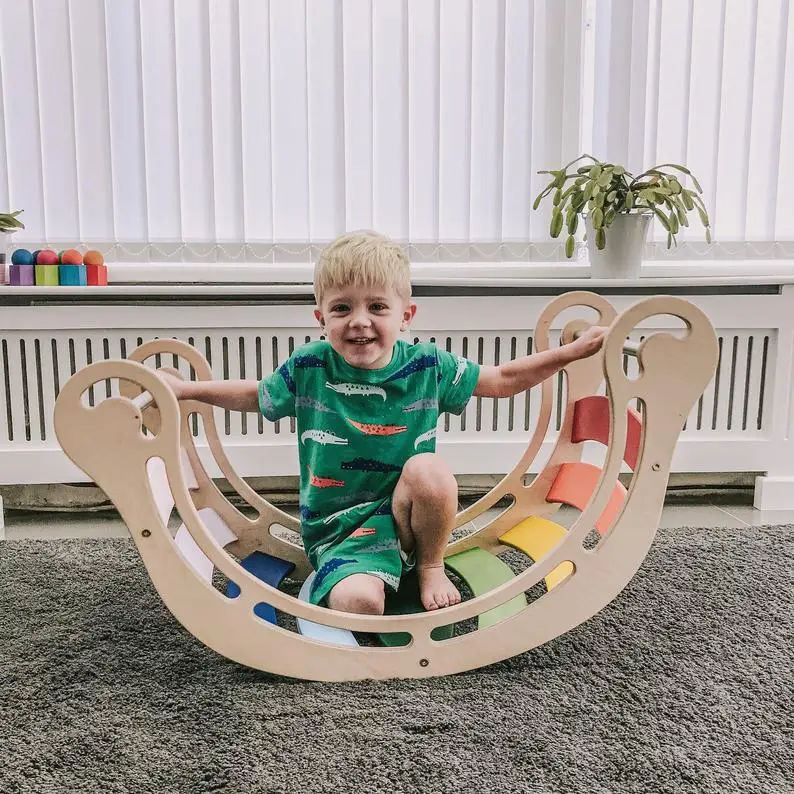 Xiair Kids Wooden Rocking Boat Board Toddler Educational Montessori Waldorf Rainbow Rocker Board