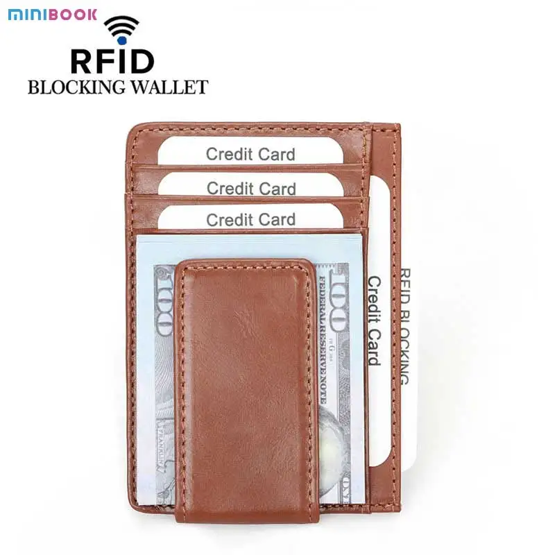 Custom Logo Vintage Cow Genuine Leather Slim Front Pocket Rfid Blocking Card Holder Wallet Men Strong Magnet Leather Money Clip