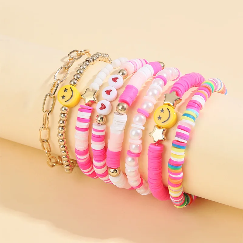 Fashionable New Girls Multi Layered Elastic Line Soft Ceramic Beaded Bracelets Love Smile Face Bracelet Set