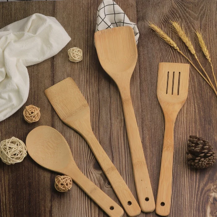 High Sales Bamboo Handle Utensils Kitchenware No Hurt The Pot Cooking Spoon With Storage Holder