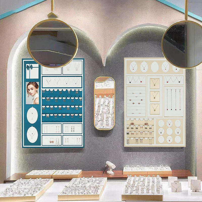 Modern leather jewelry store window accessory display design hanging wall jewelry organizer earring necklace set display prop