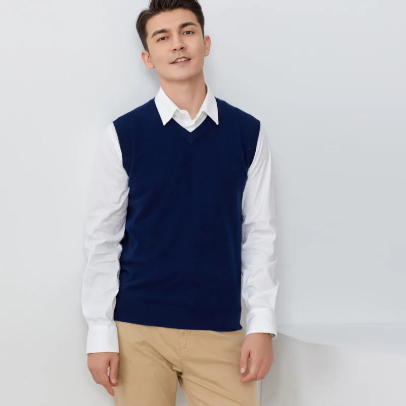 Man Knit Sweater Sleeveless vest 100%Cashmere Sweater GRAY Dark blue Match with shirt V-neck