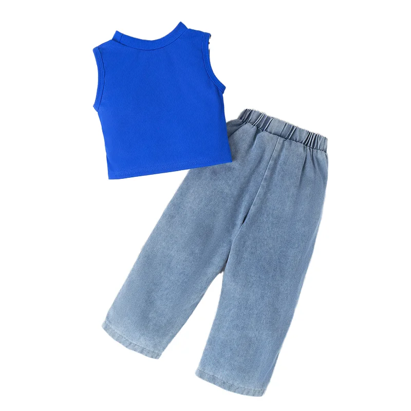 Cartoon girls Jeans sets Kids Clothing Casual Baby sets Denim Infant Trousers Boy Children Pants Boy Jean sleeveless tshirt suit