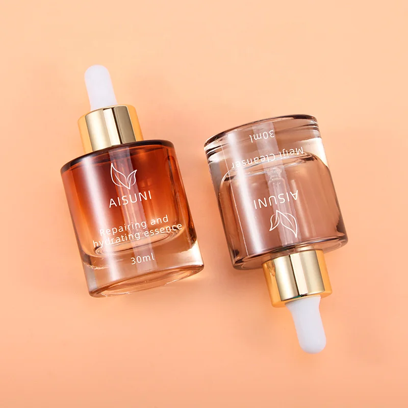 Glass essential oil bottle skin care cosmetic glass dropper bottle gold ring white silicone rubber head travel bottle