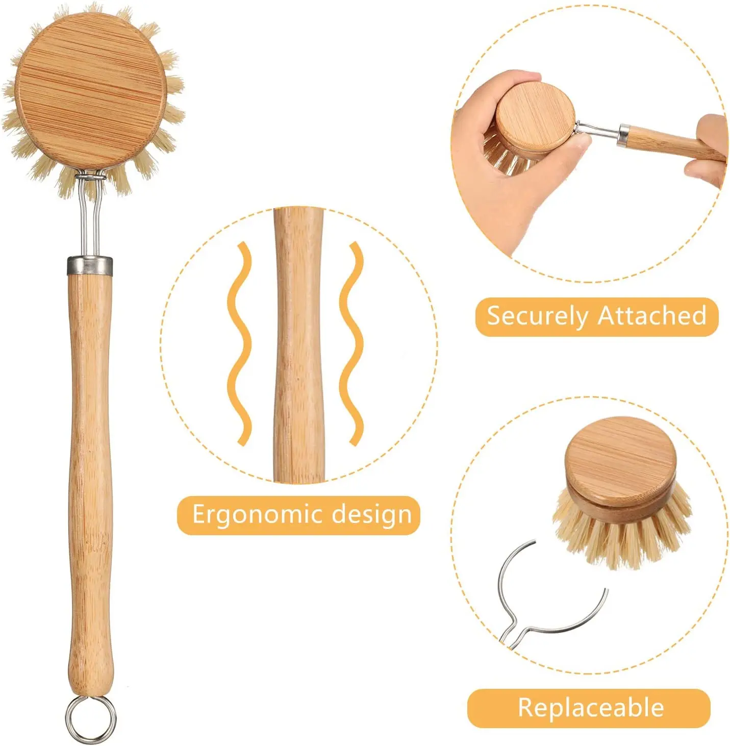 Eco Friendly Long Handle Kitchen Pan Pot Bamboo Cleaning Brush With Replaceable Head